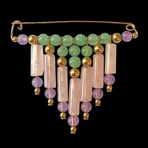 Vintage Jade Rose Quartz C-Clasp Estate Gemstone Brooch